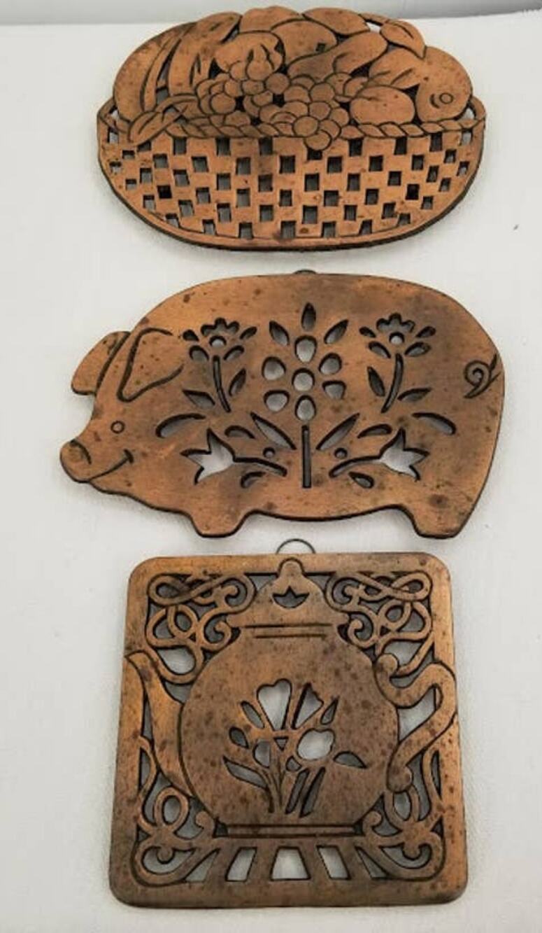 Lot of 3 Vintage Coppertone Iron Kitchen Trivets Pig Basket Kettle Teapot Footed